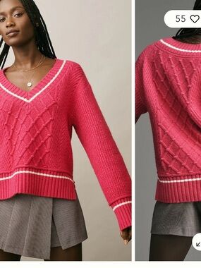 Maeve Tilly V-Neck Pullover Sweater Pink and White Size XL